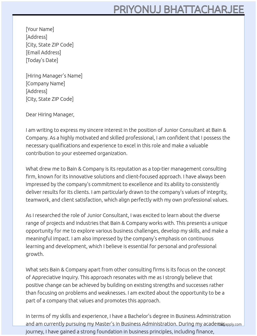 Junior Consultant At Bain & Company Cover Letter