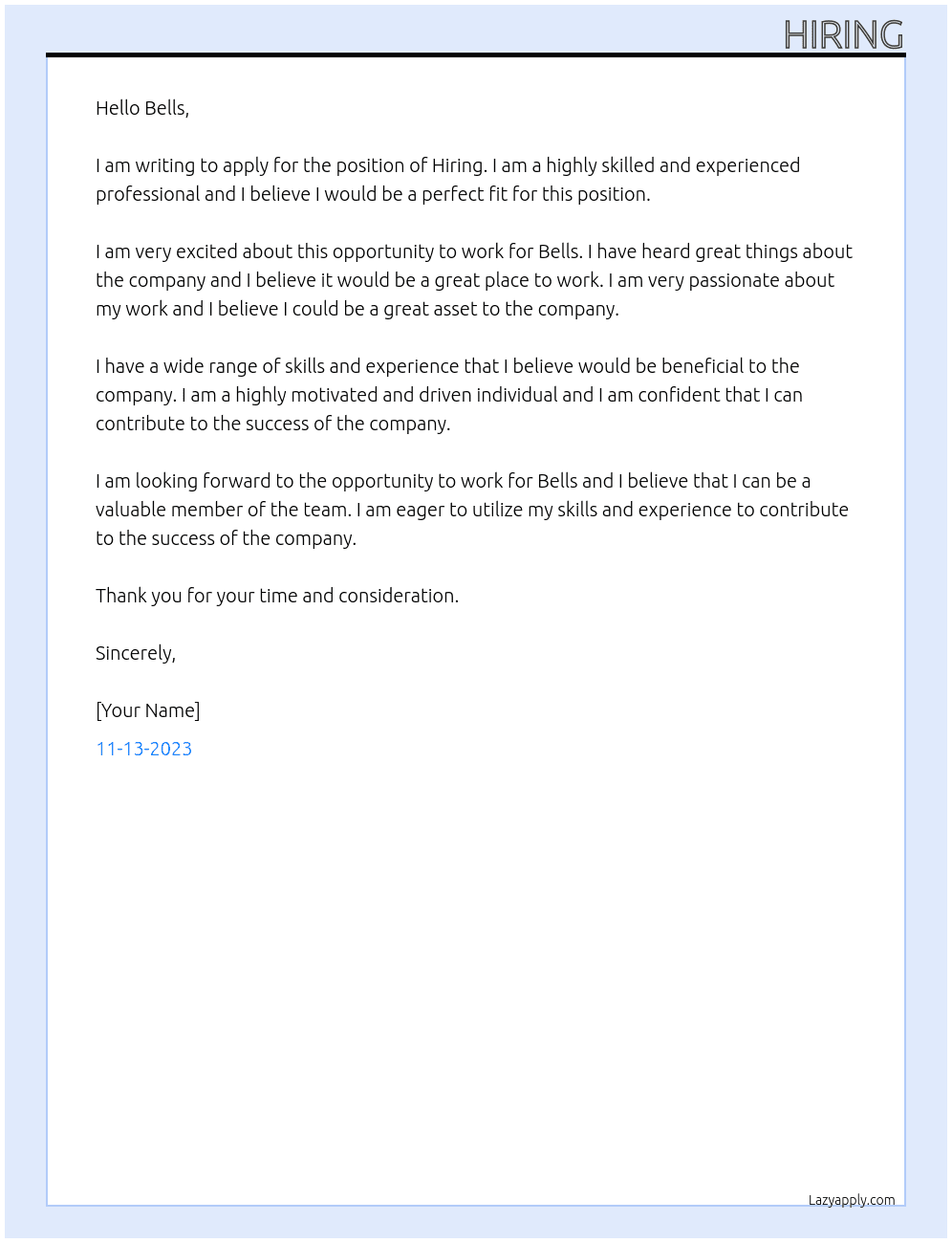 Hiring At Bells Cover Letter
