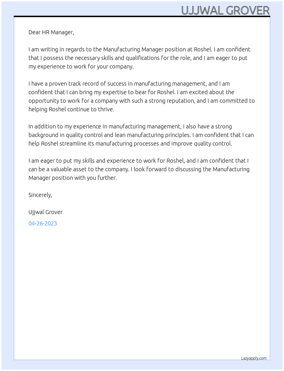 manufacturing manager At Roshel Cover Letter