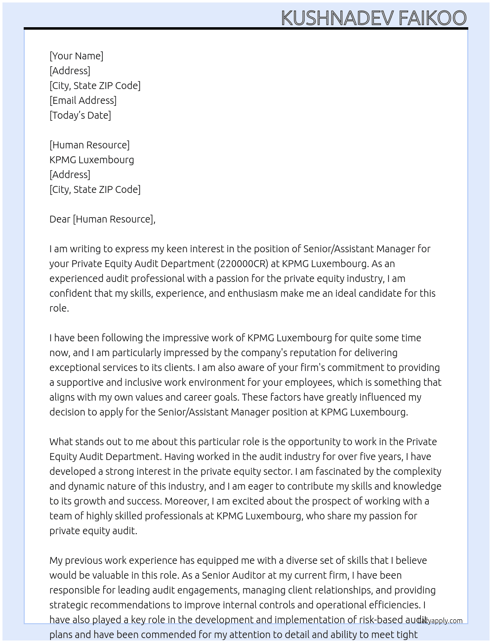 Senior / Assistant Manager for our Private Equity Audit Department  - (220000CR) At KPMG Luxembourg Cover Letter