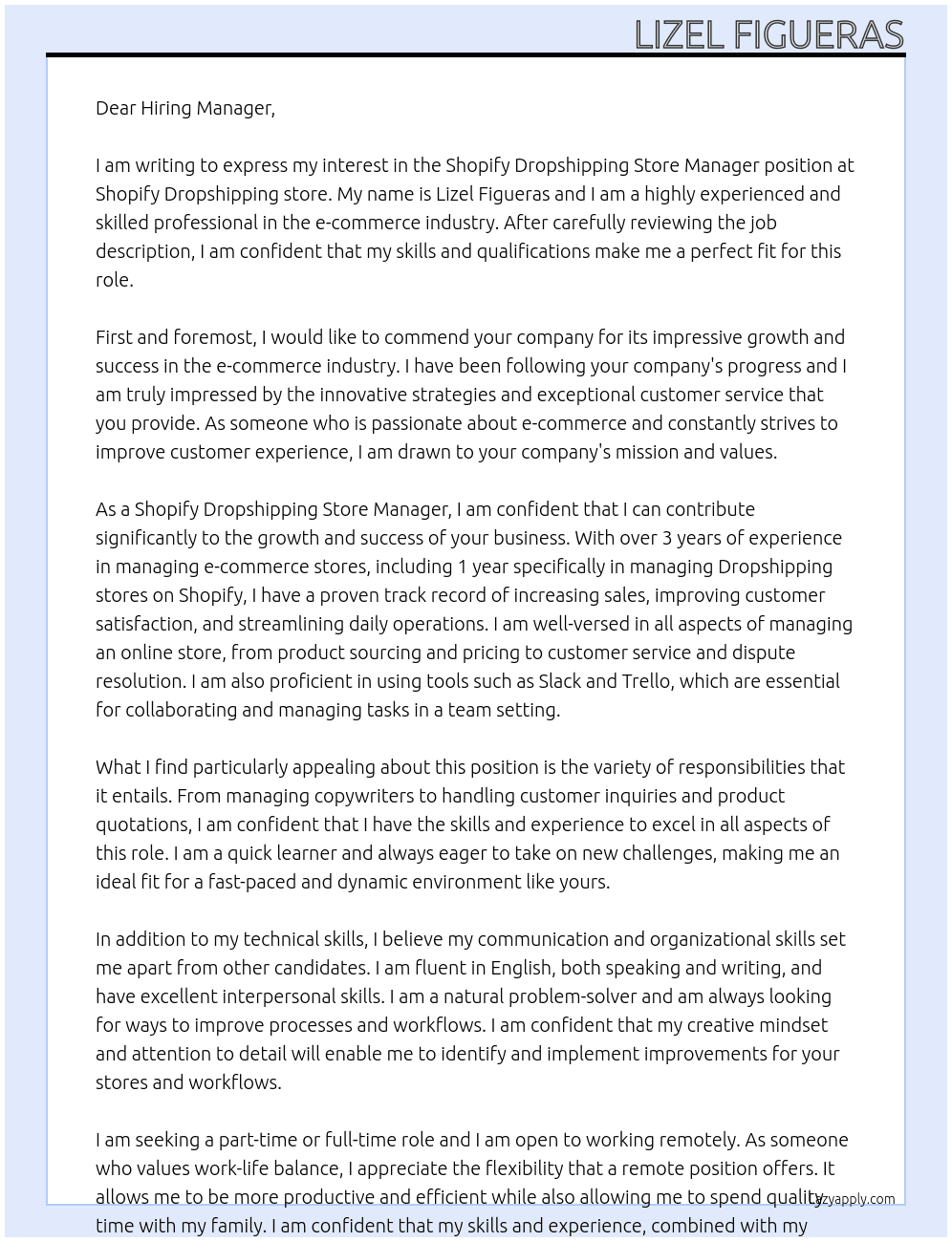 Shopify Dropshipping Store Manager At Shopify Dropshipping store Cover Letter