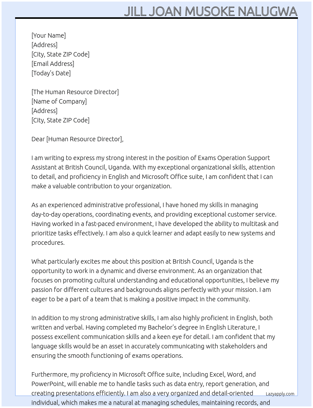Exams operation support assistant At BRITISH COUNCIL, UGANDA Cover Letter