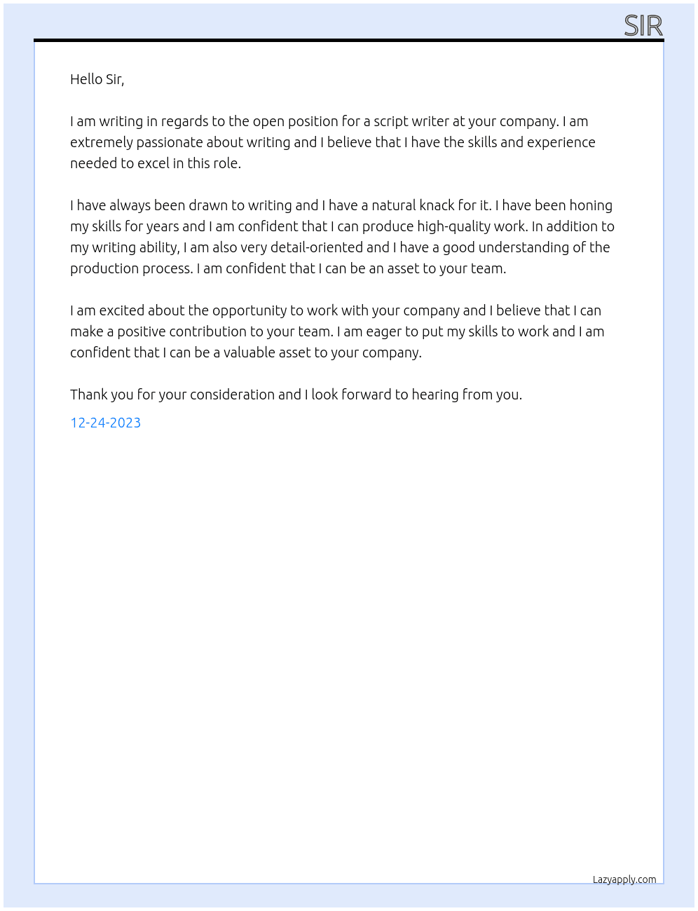 Script Writer At Sir Cover Letter