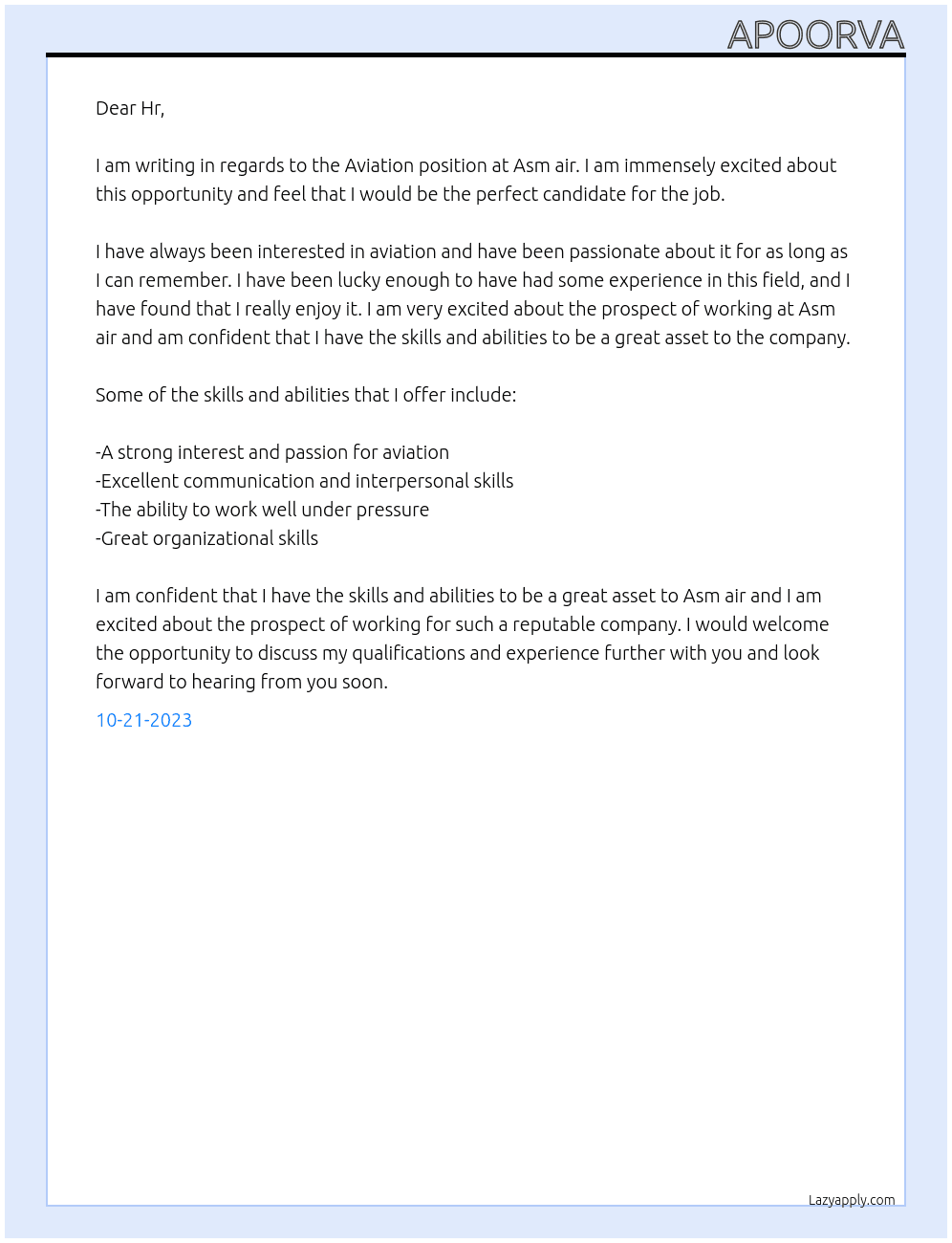Aviation  At Asm air Cover Letter