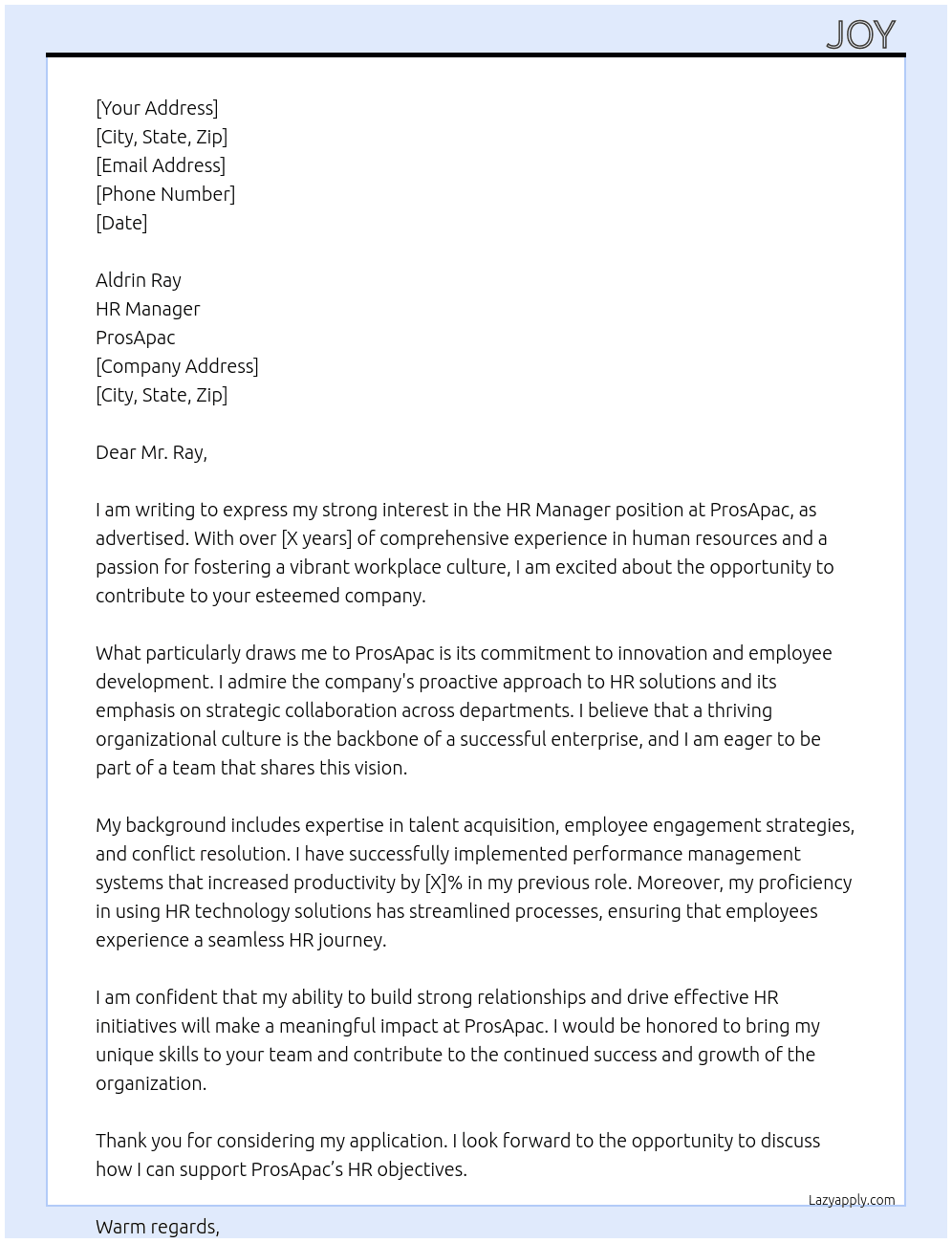 HR Manager  At ProsApac Cover Letter