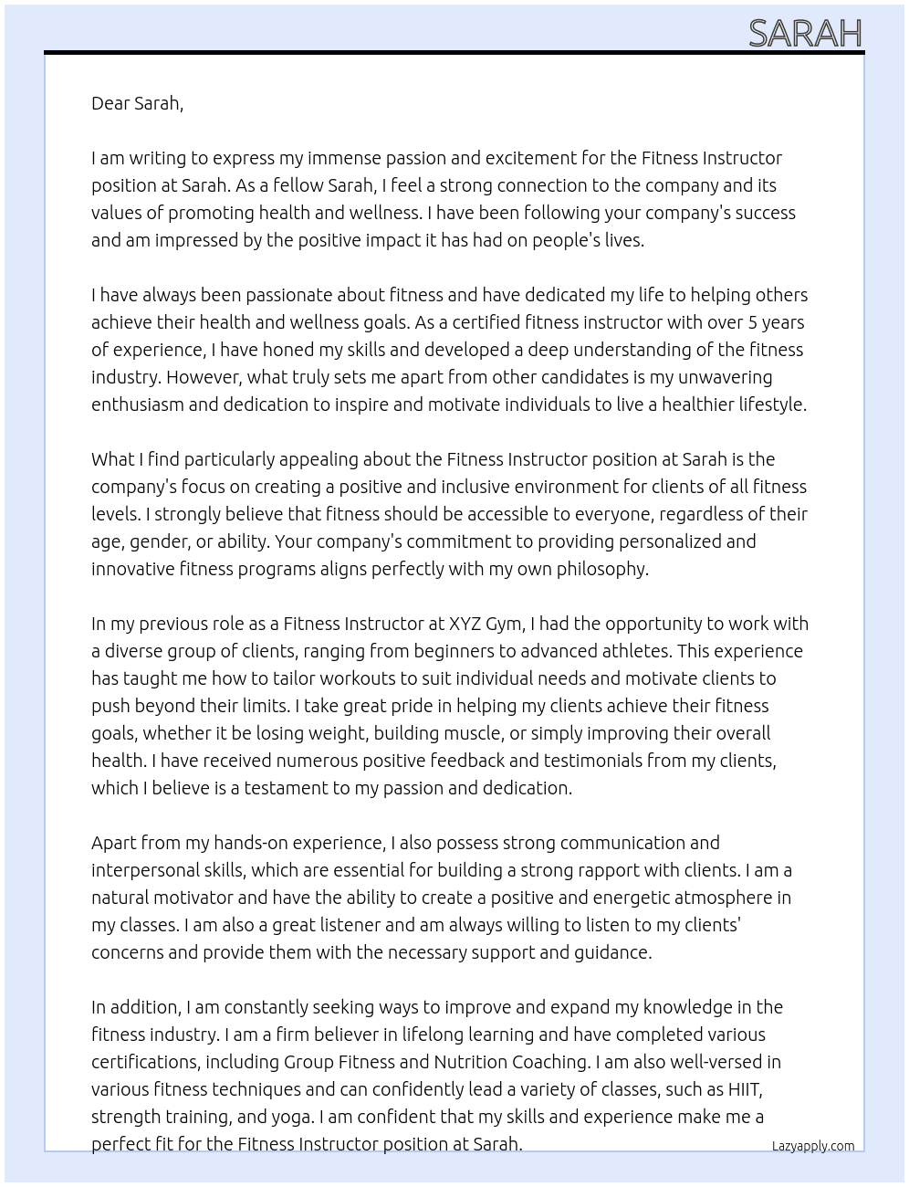 Fitness Instructor At Sarah  Cover Letter