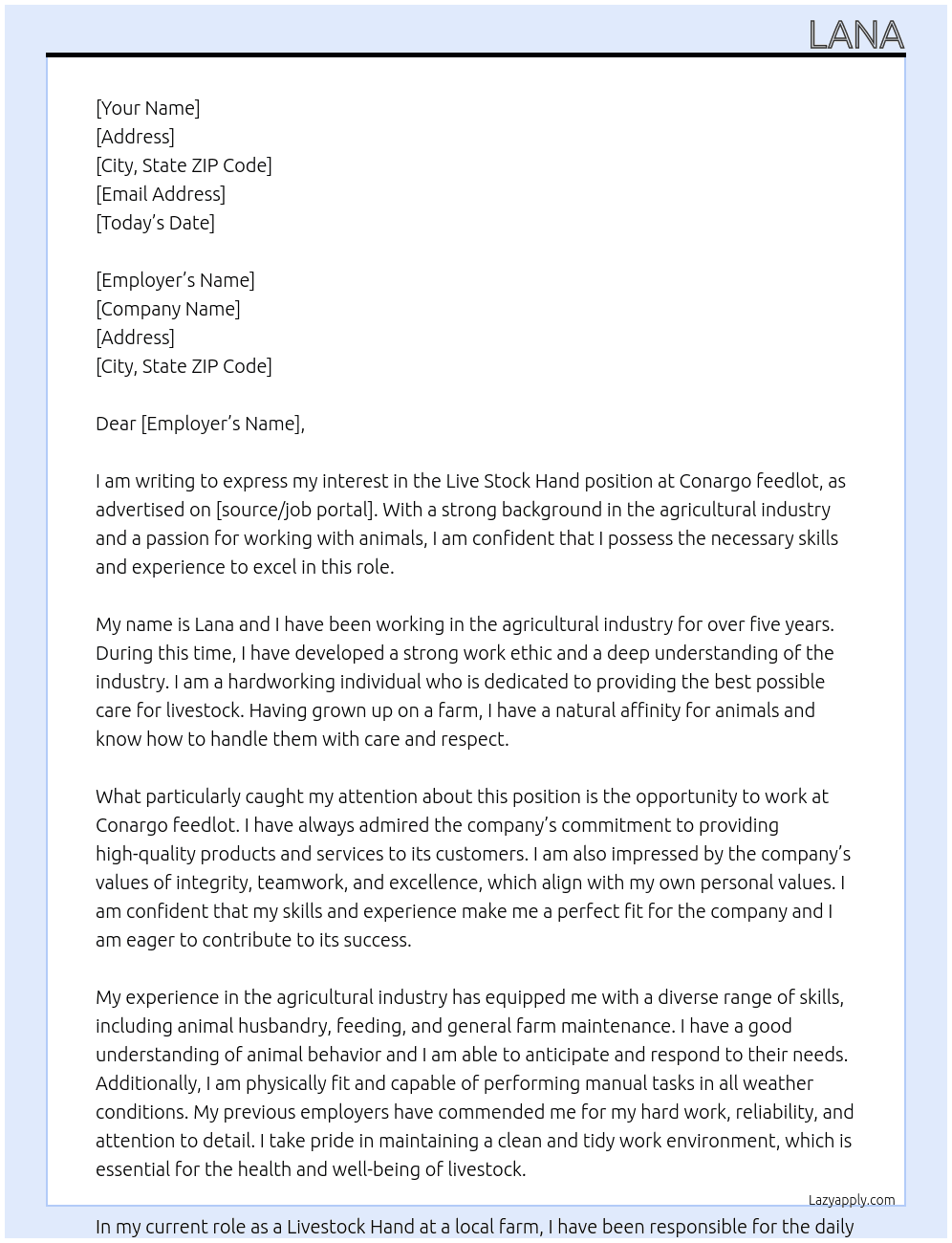 Live stock hand at Conargo feedlot At Town house  Cover Letter