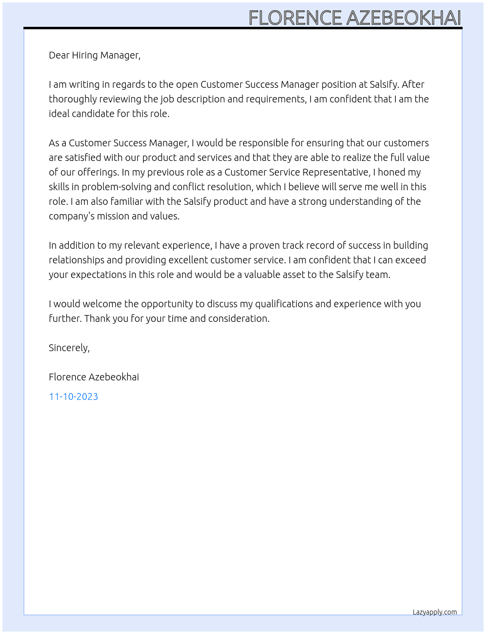 Customer success manager At Salsify Cover Letter