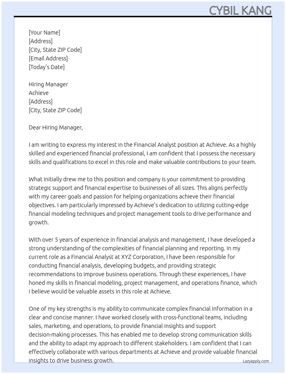 Financial Analyst At Achieve  Cover Letter