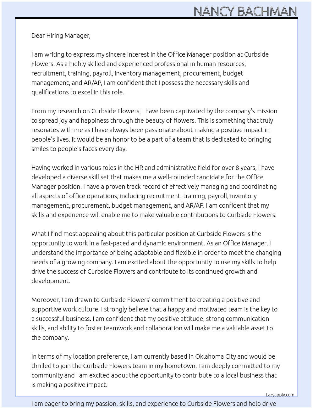 Office Manager  At Curbside Flowers Cover Letter