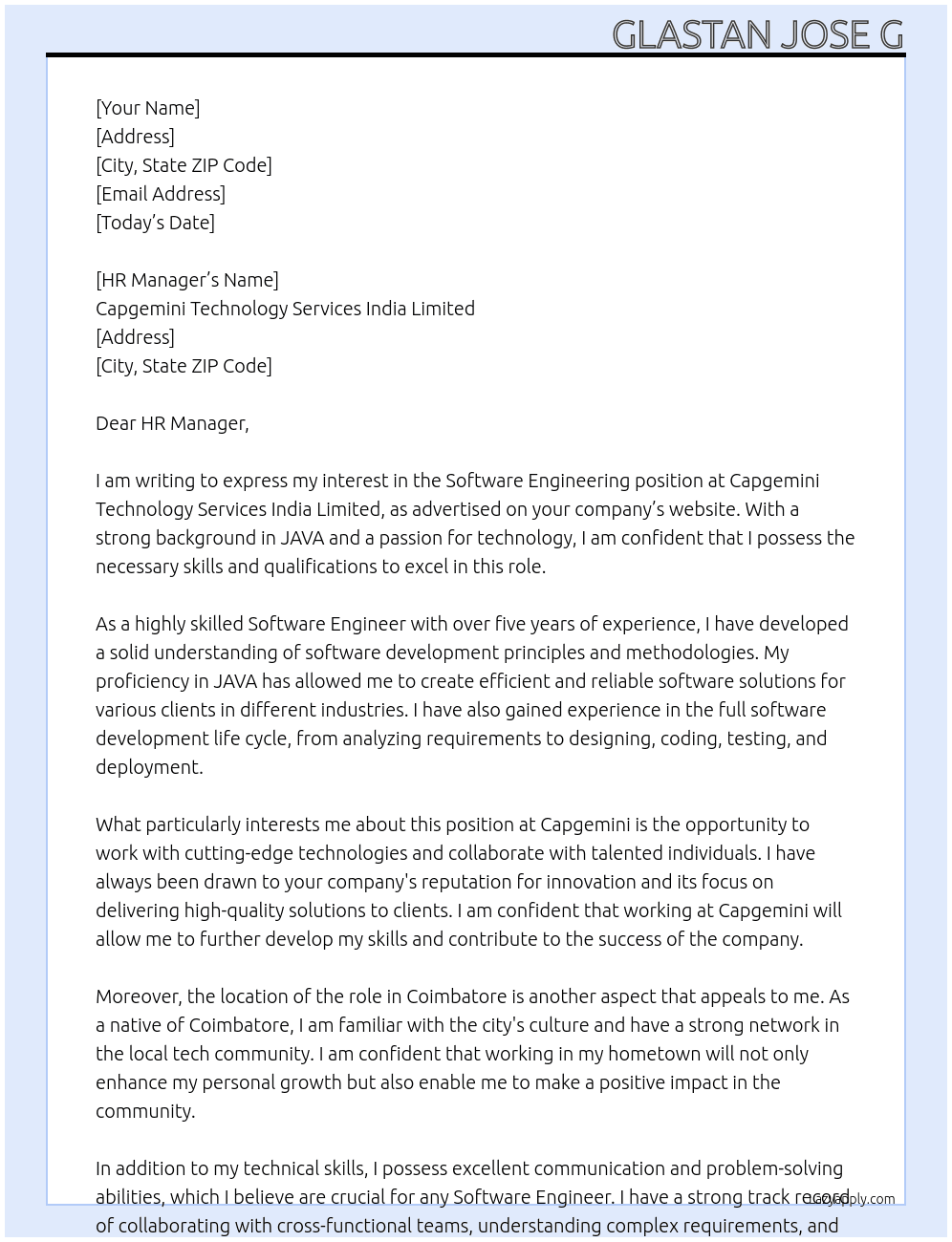 Software Engineering At Capgemini Technology Services India Limited Cover Letter