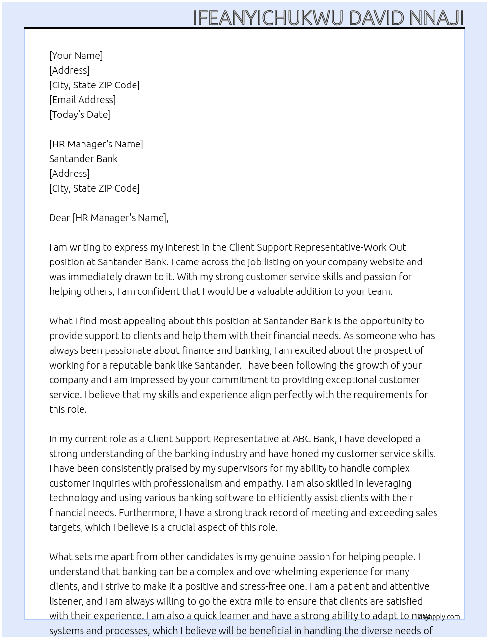 Client support representative-work out  At Santander Bank Cover Letter