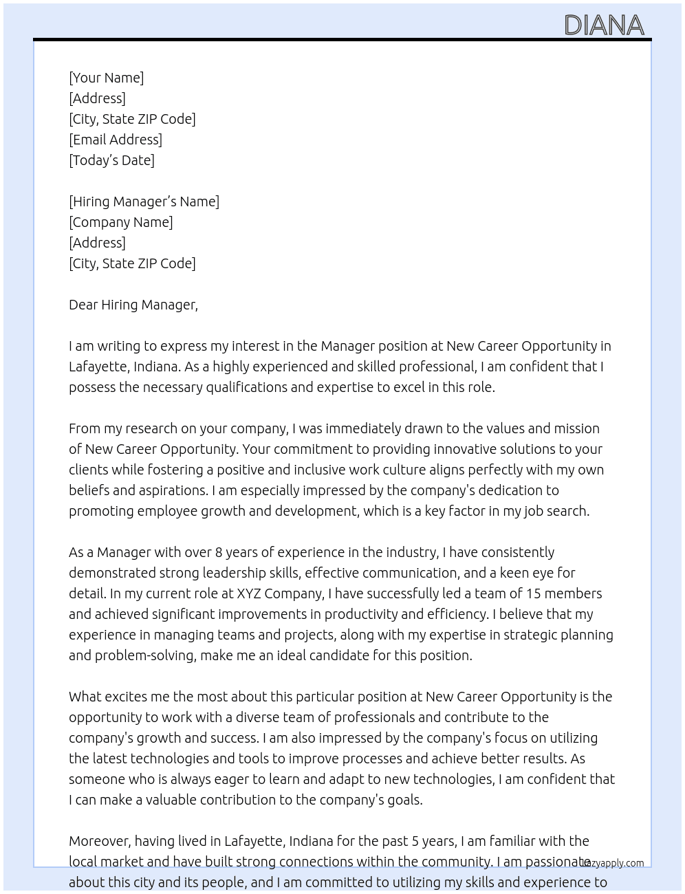 Manager  At New Career Opportunity Cover Letter