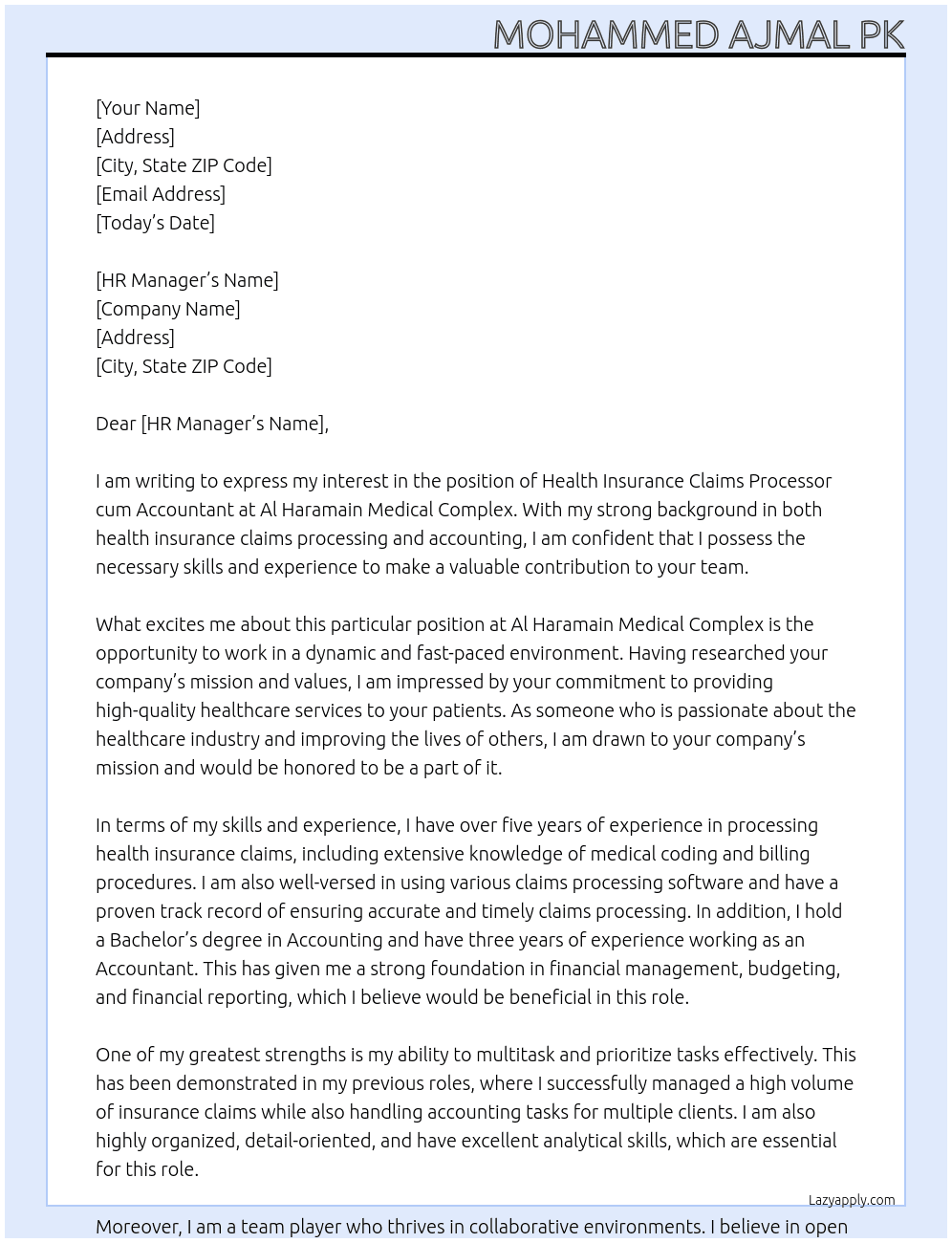 Health Insurance Claims processor cum Accountant At AL HARAMAIN MEDICAL COMPLEX Cover Letter