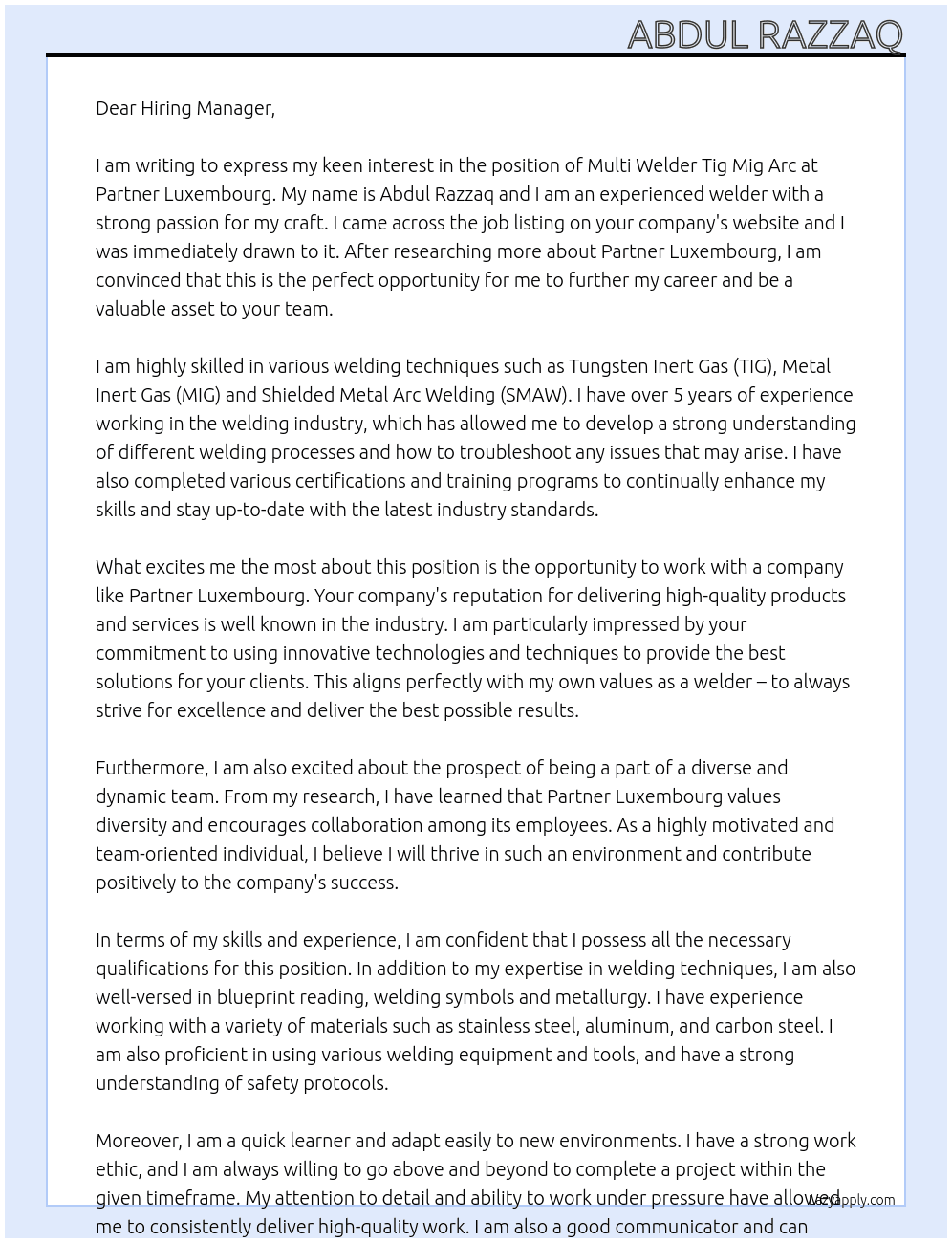 Multi welder Tig Mig arc At partner luxembourg  Cover Letter