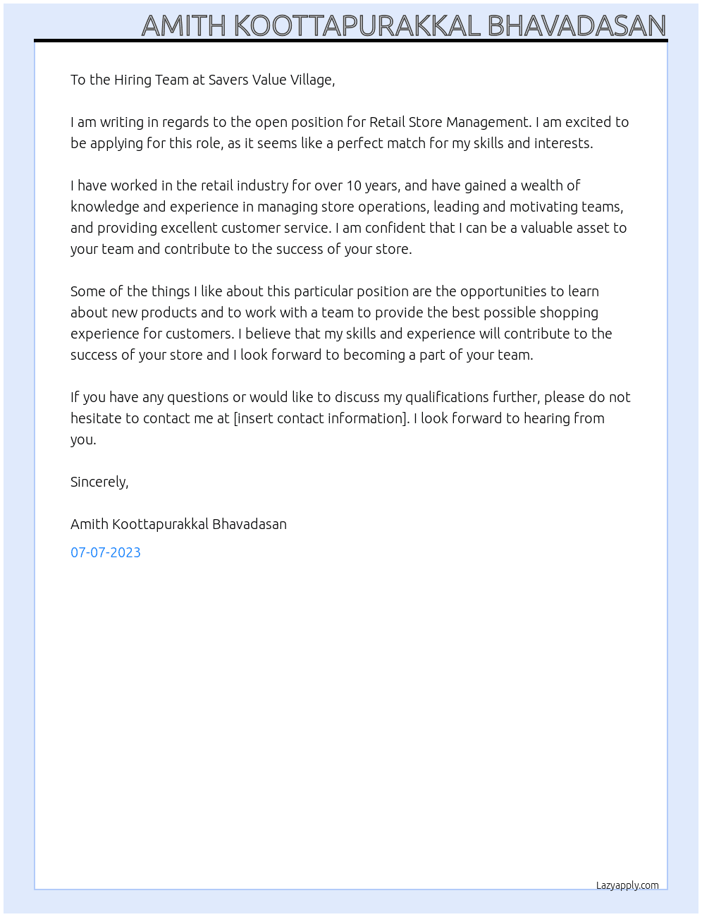 Retail Store Management At Savers Value Village Cover Letter