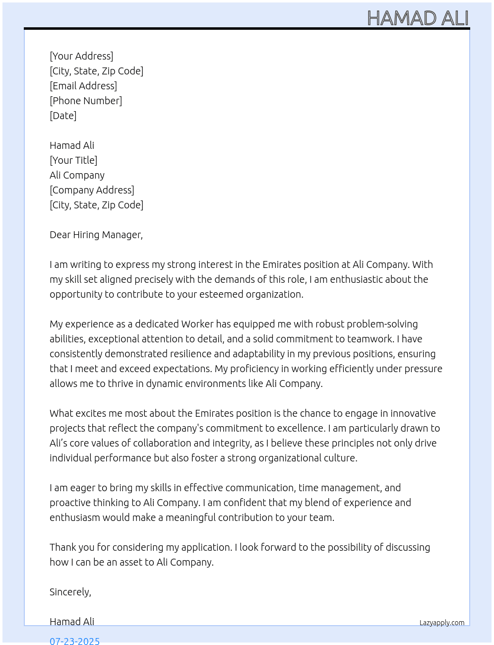 Emirates  At Ali Cover Letter