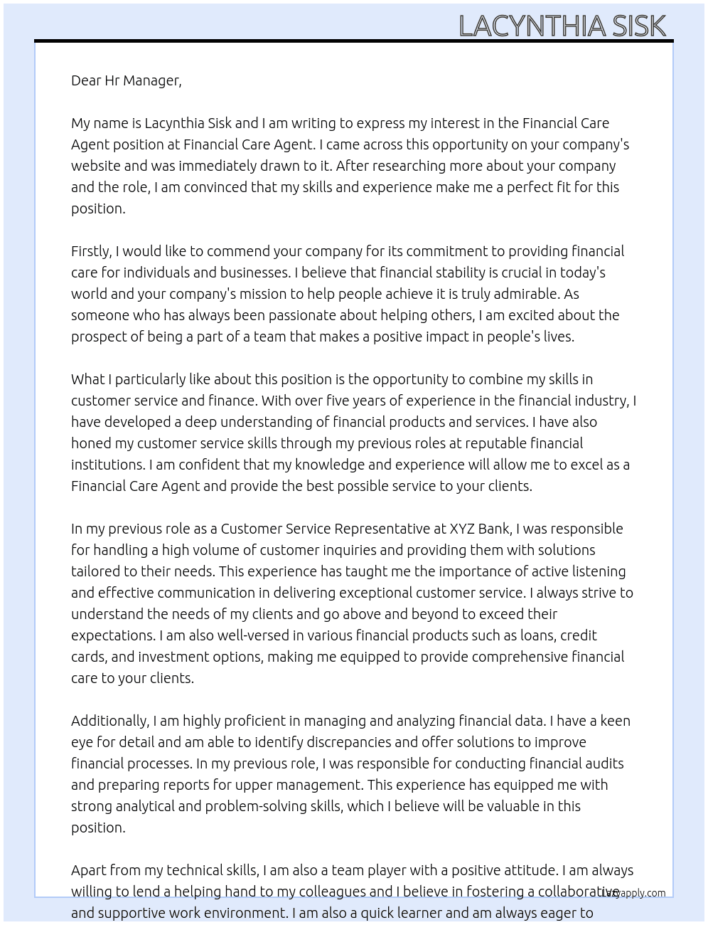 Financial Care Agent At Financial Care Agent Cover Letter