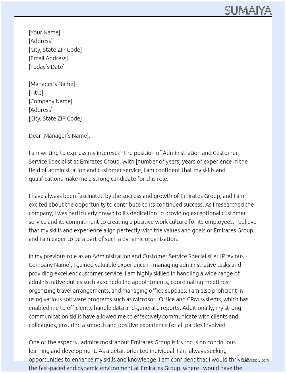 Cover letter for administration and customer service specialist - LazyApply
