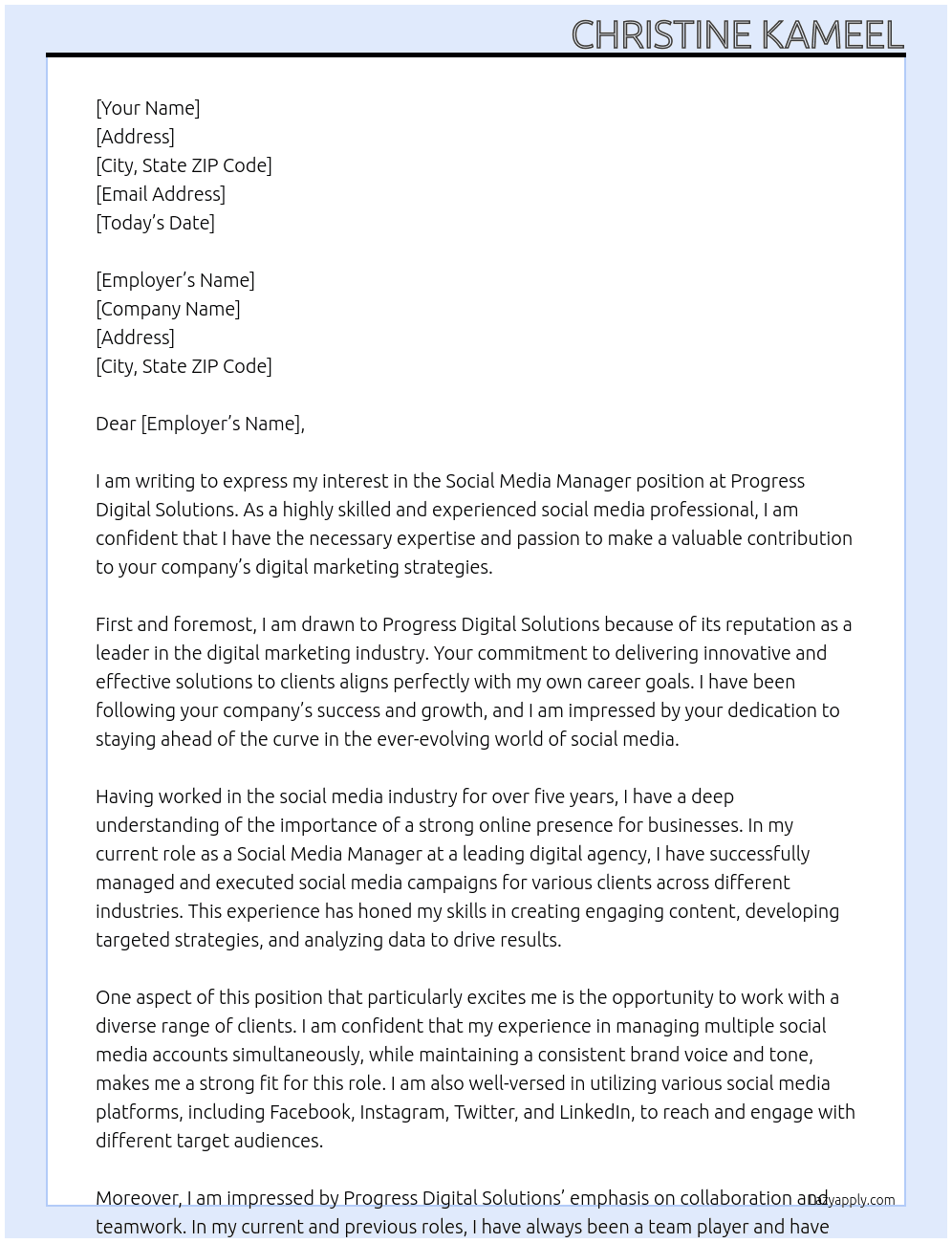 Social Media Manager At Progress Digital Solutions Cover Letter