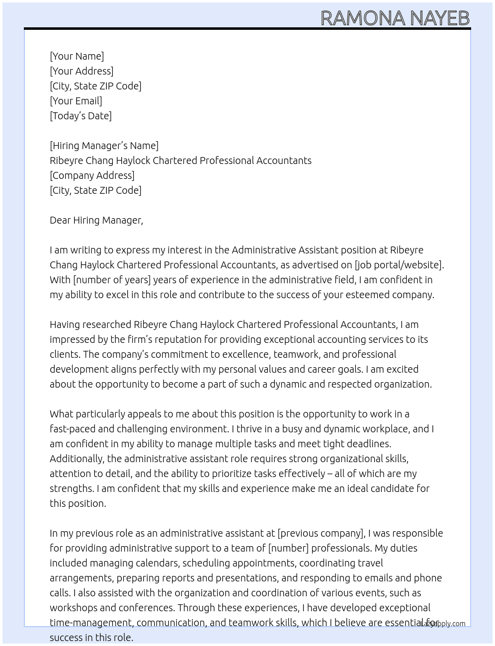 Administrative Assistant At Ribeyre Chang Haylock Chartered Professional Accountants Cover Letter
