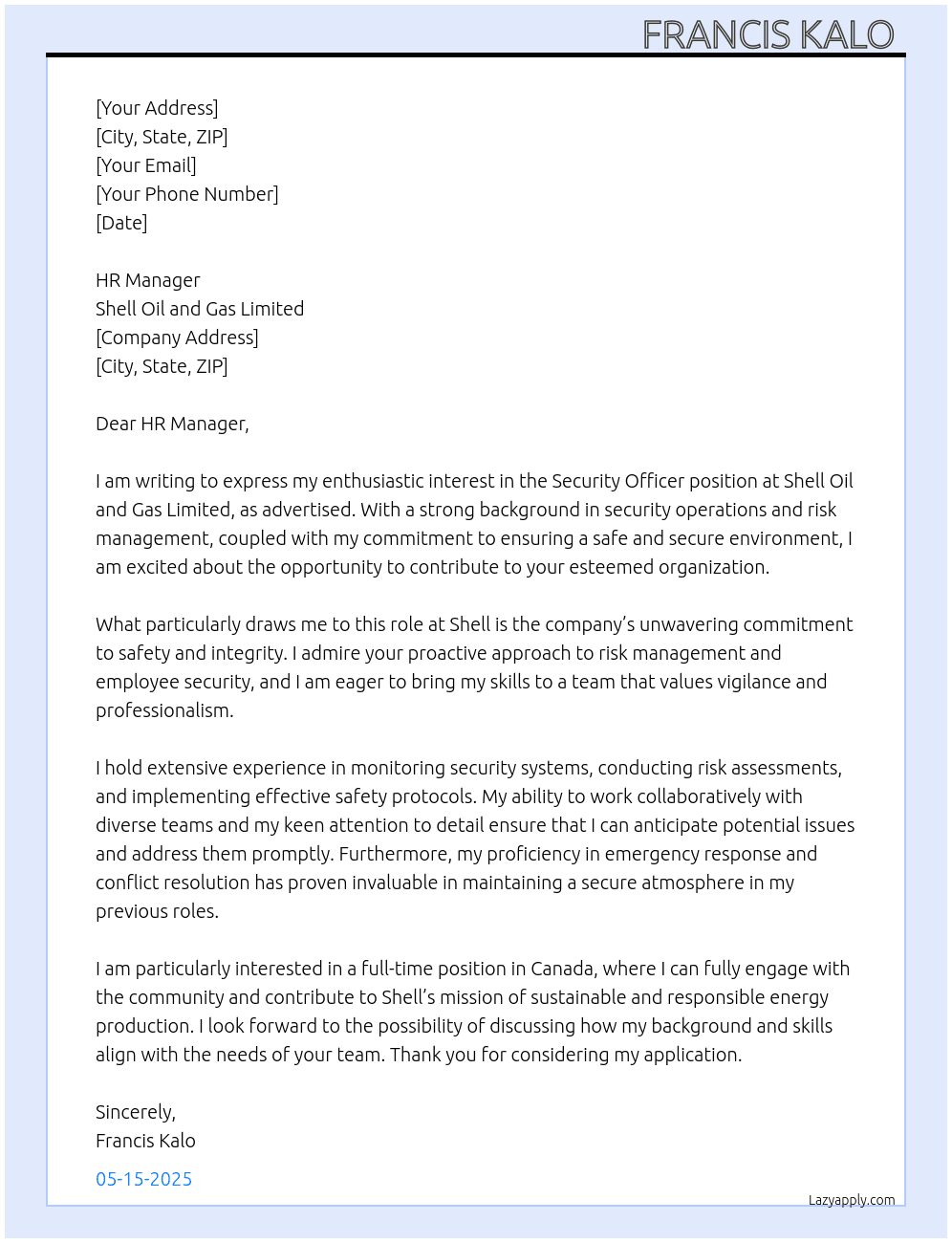 Security officer  At Shell Oil and Gas Limited  Cover Letter