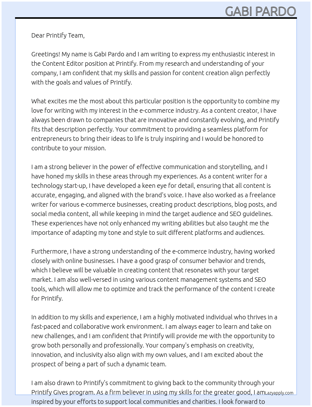 Content Editor At Printify Cover Letter
