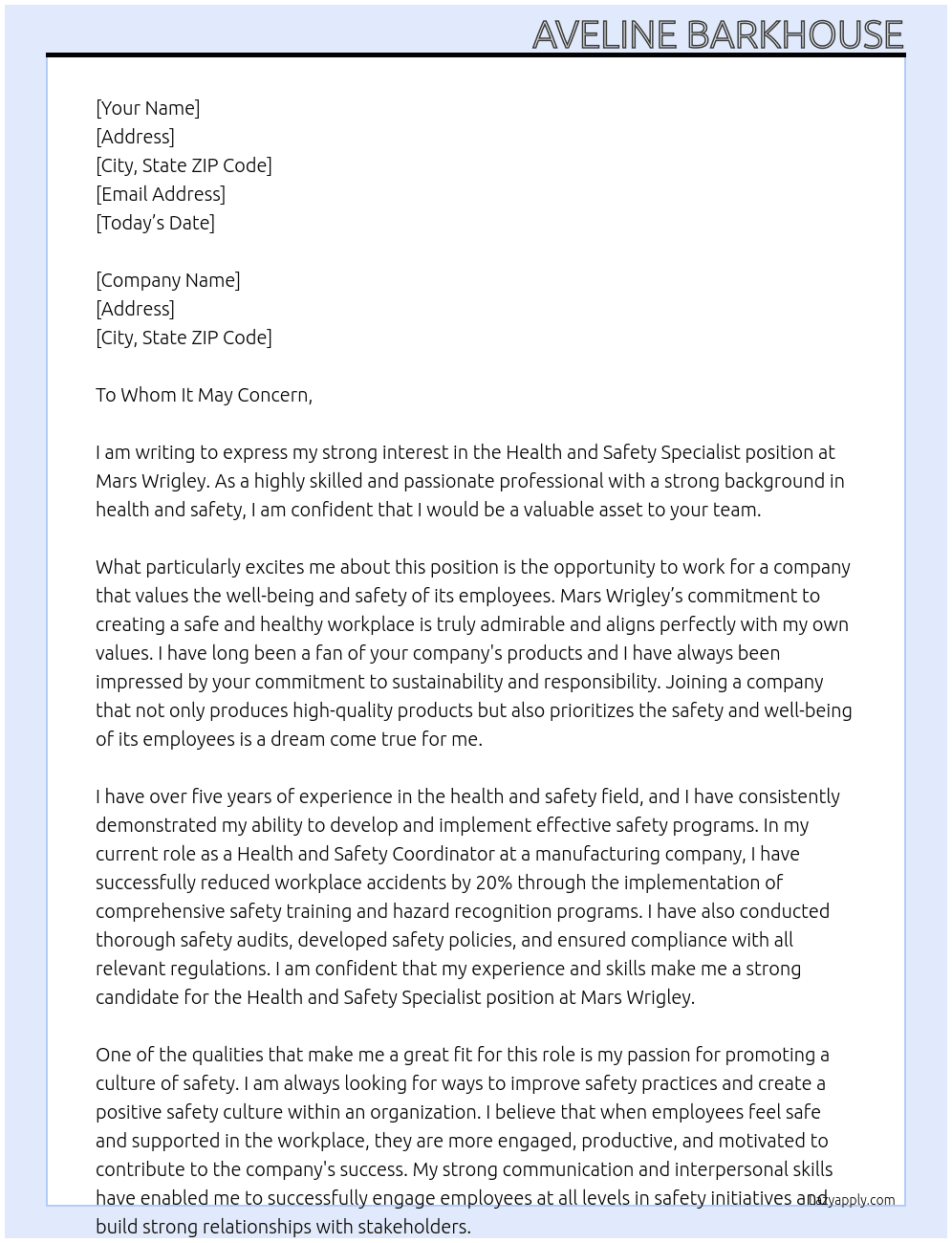 Health and Safety Specialist At Mars Wrigley Cover Letter