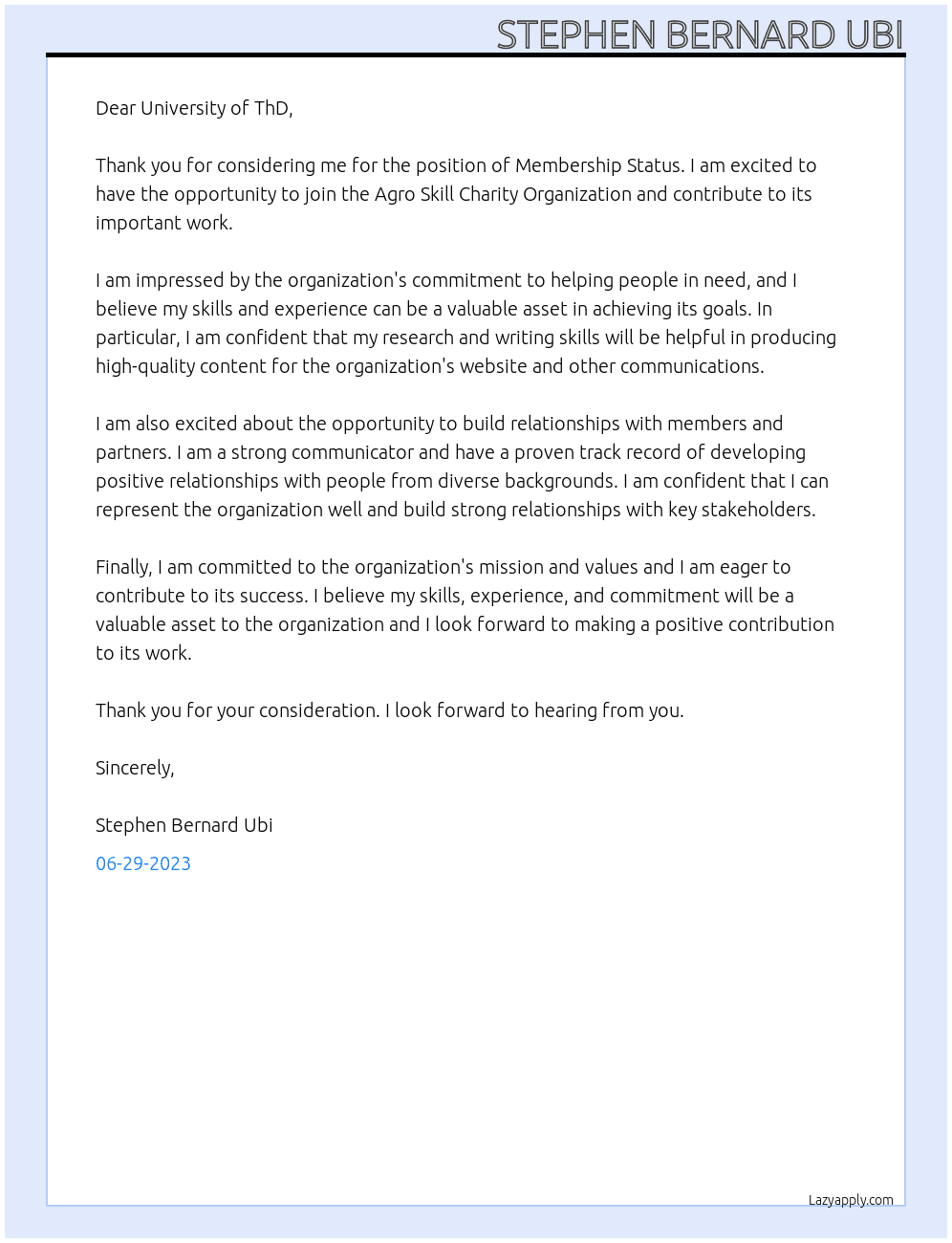 Membership Status  At Agro Skill Charity Organization  Cover Letter