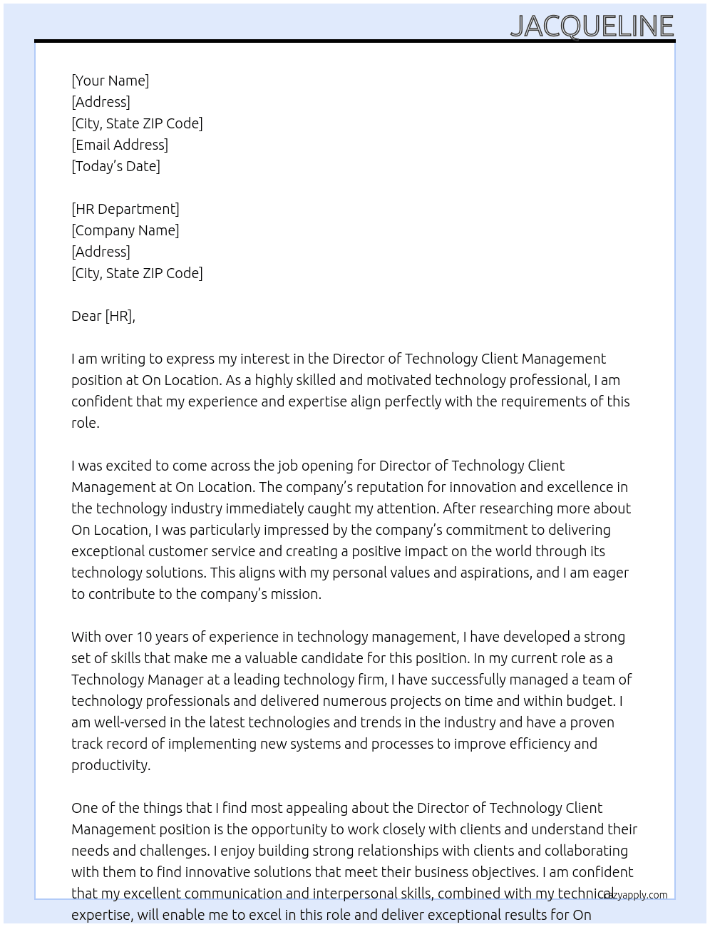 Director, Technology Client Management At On Location Cover Letter