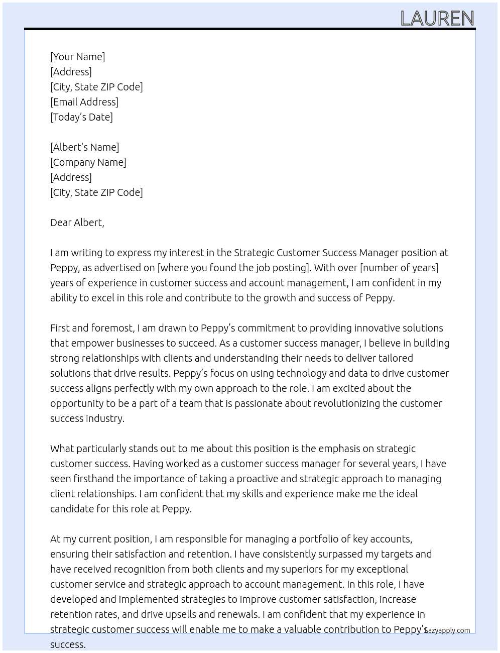 Strategic customer success manager At peppy Cover Letter