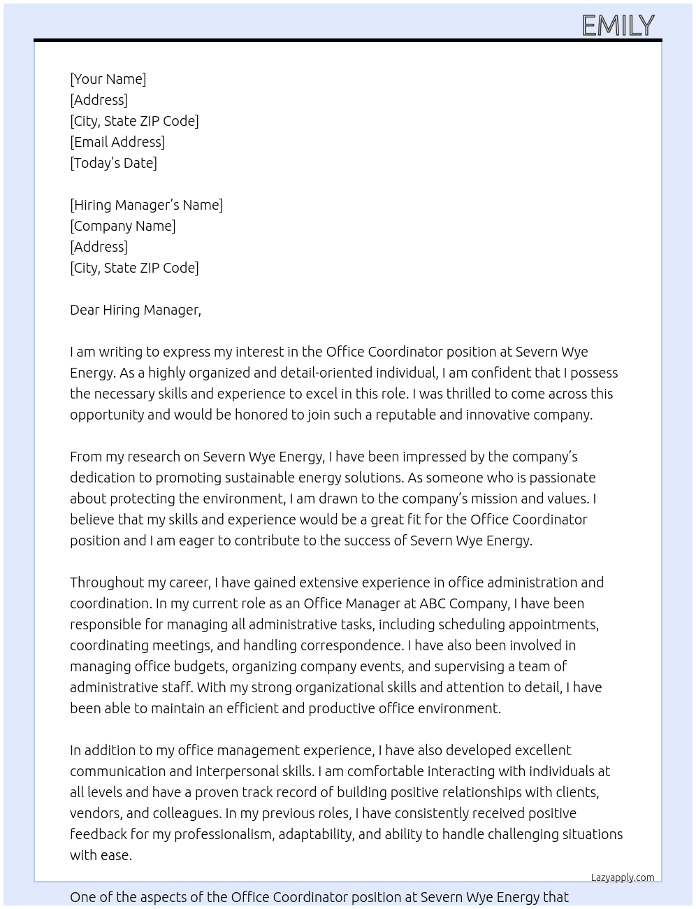 Office coordinator  At Severn Wye Energy  Cover Letter