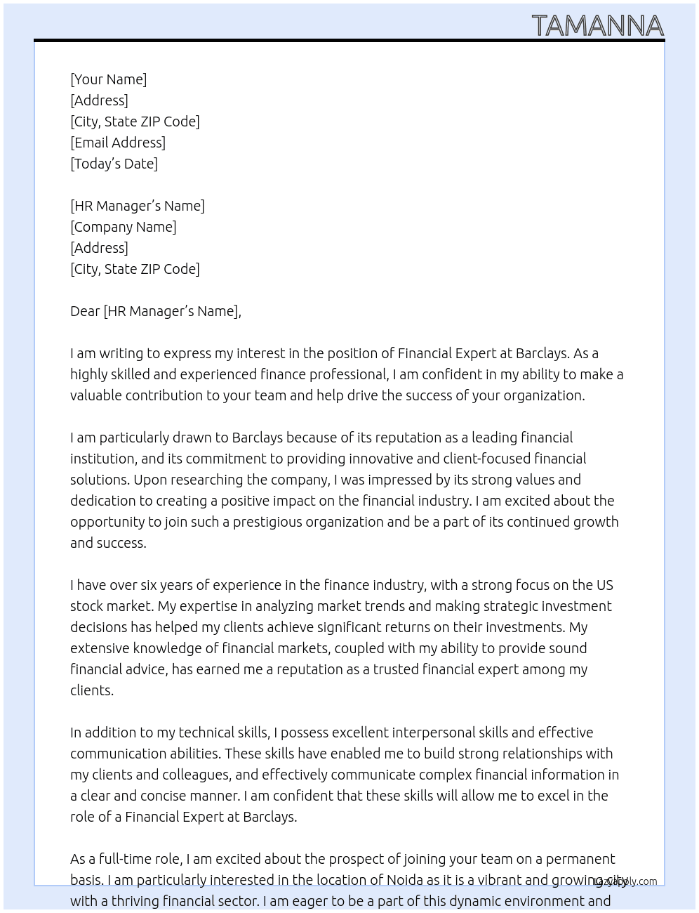 Financial Expert  At Barclays Cover Letter