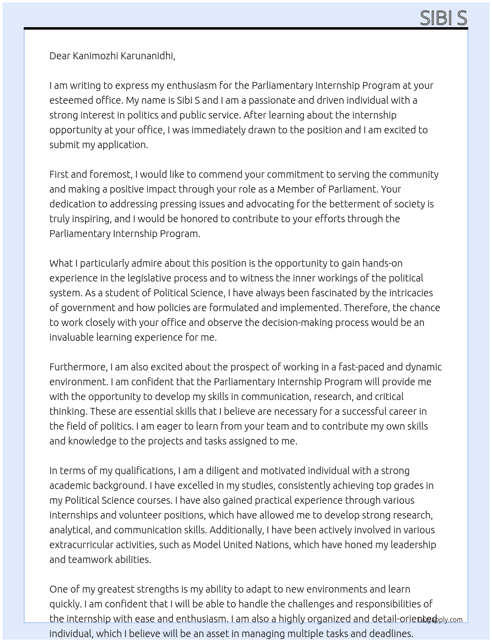 Parliamentary Internship Program At Member of Parliament office Cover Letter