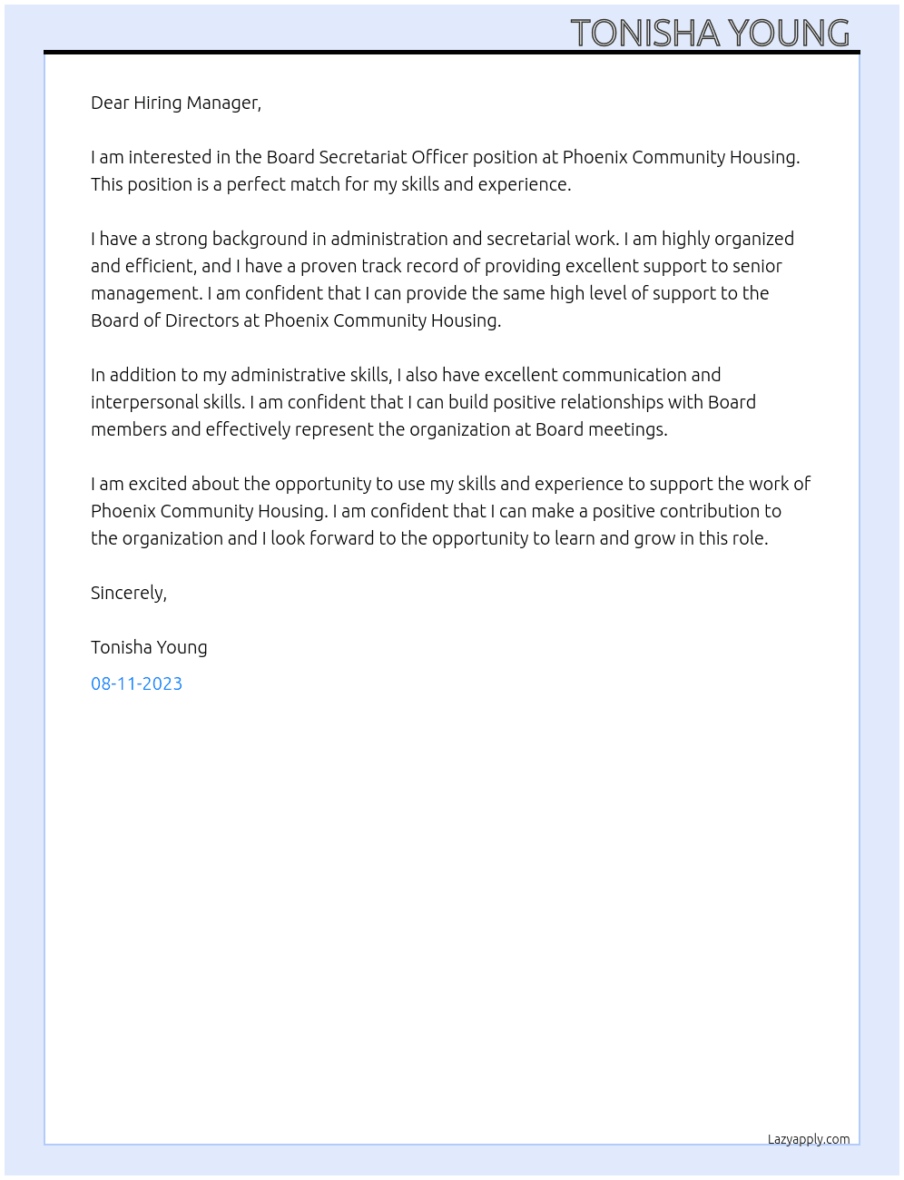 Board Secretariat Officer At Phoenix Community Housing Cover Letter