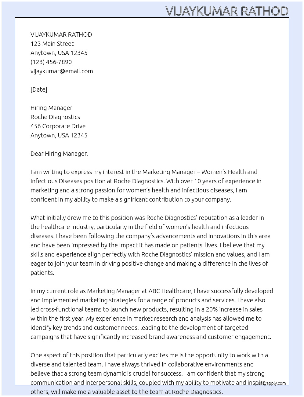 Marketing Manager – Women’s Health and Infectious Diseases At Roche Diagnostics Cover Letter