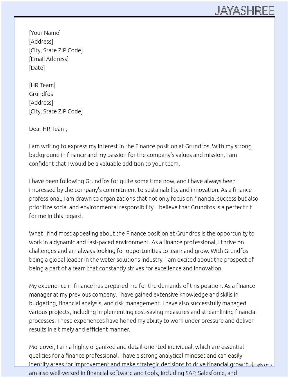 Finance At Grundfos Cover Letter