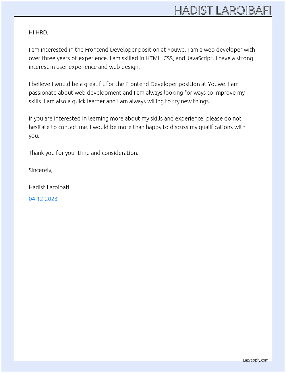 Frontend Developer At Youwe Cover Letter