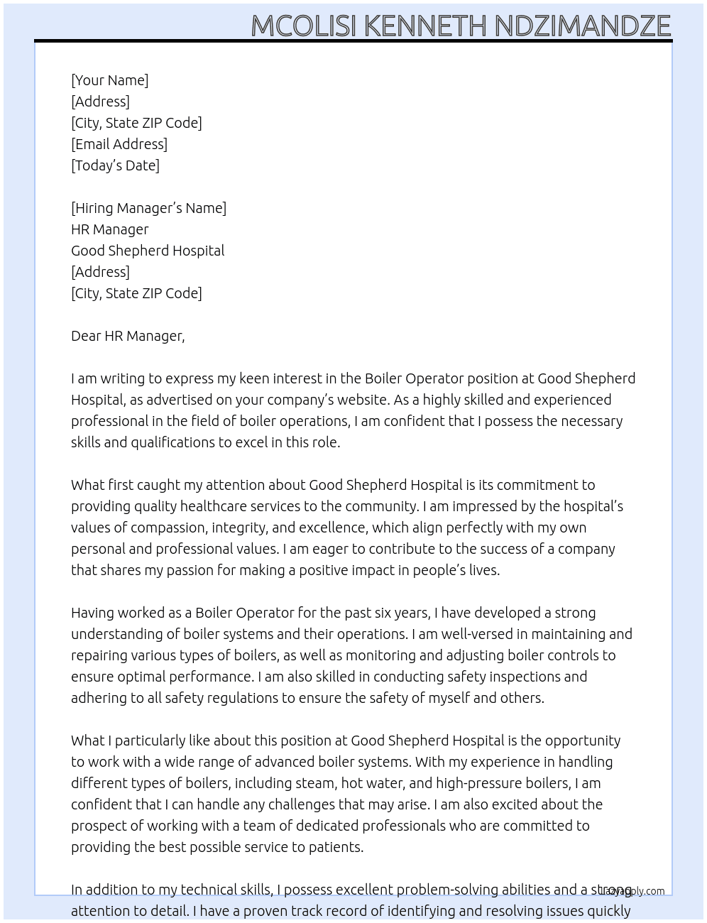Boiler Operator  At Good Shepherd Hospital  Cover Letter