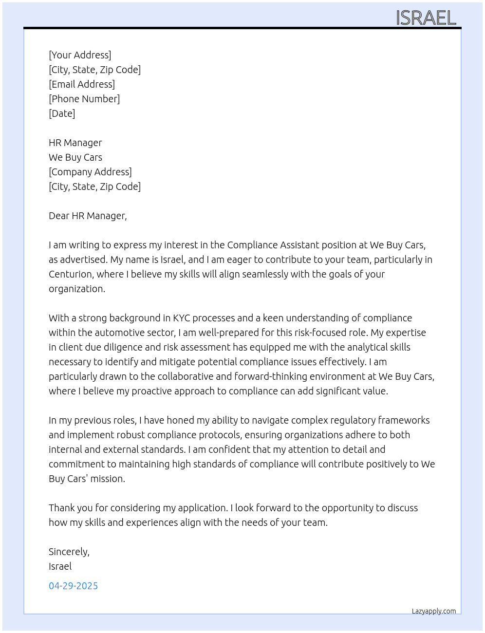 Compliance Assistant  At We buy cars  Cover Letter