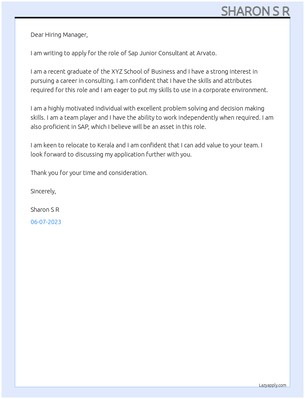 Sap Junior Consultant  At Arvato  Cover Letter