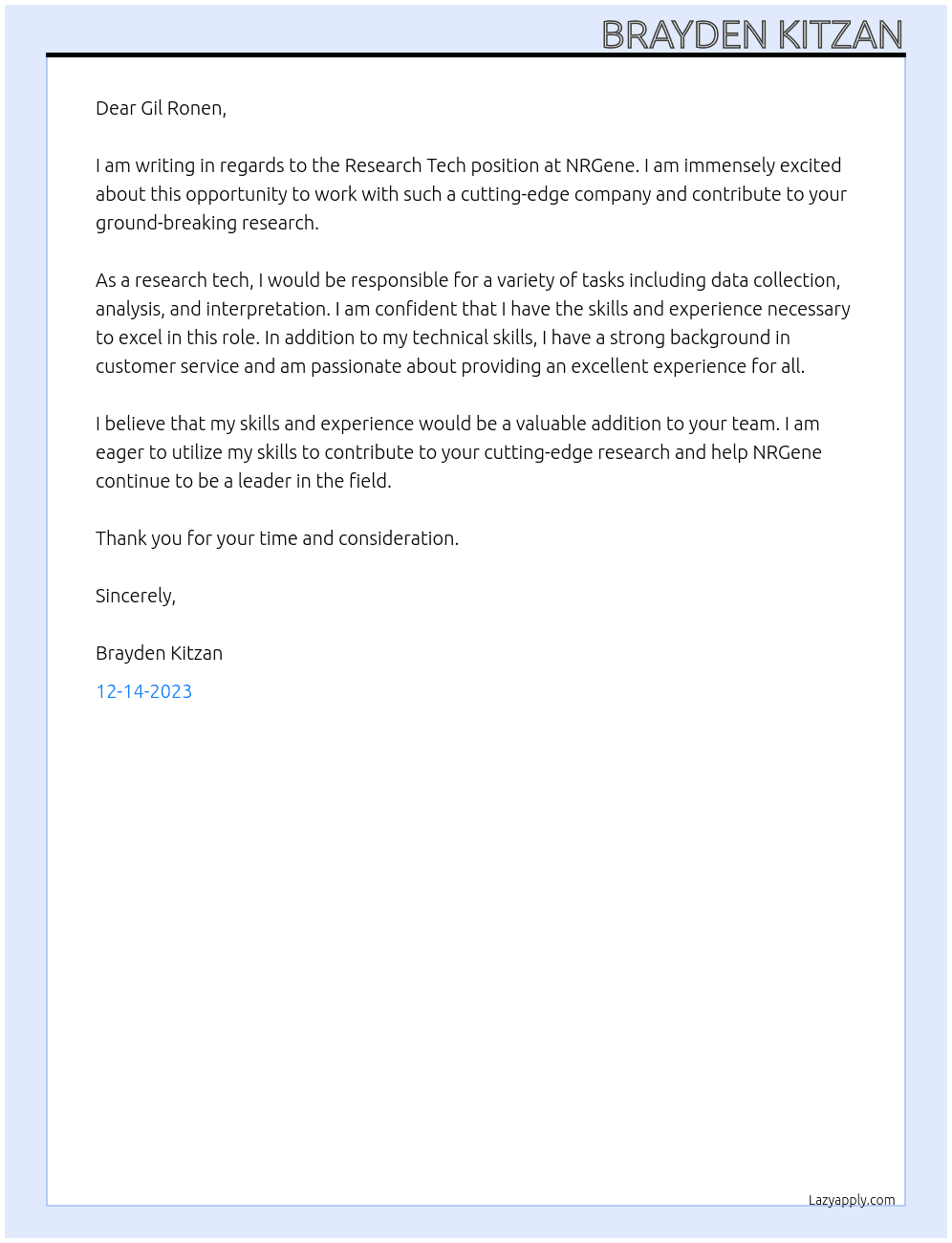 Research Tech At NRGene Cover Letter