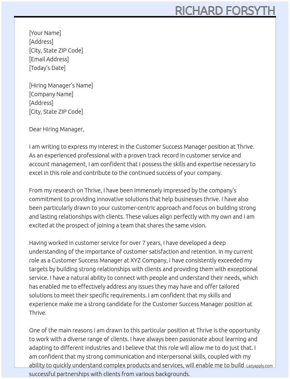 Customer Success Manager At Thrive Cover Letter
