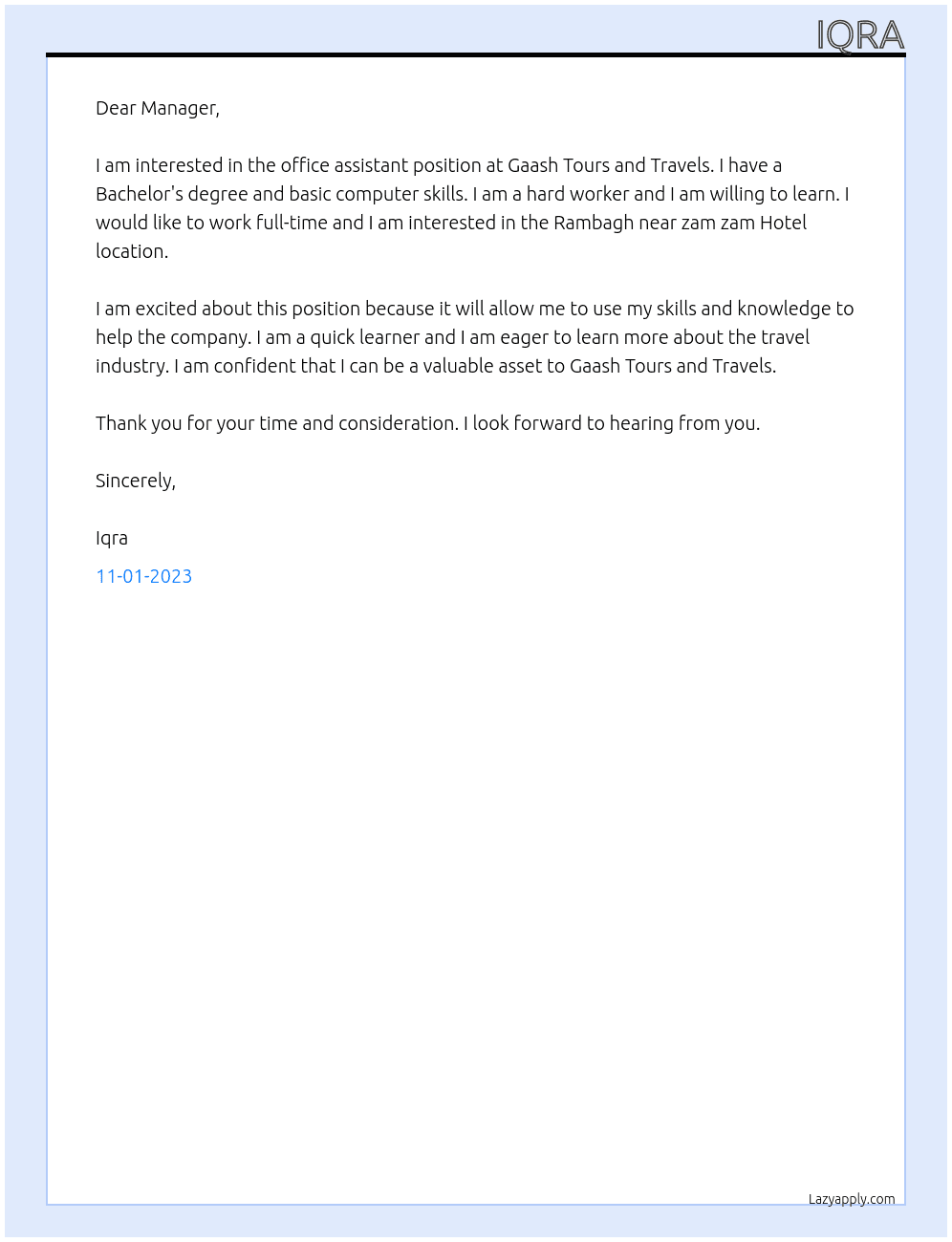 Office assistant  At Gaash Tours and Travels  Cover Letter