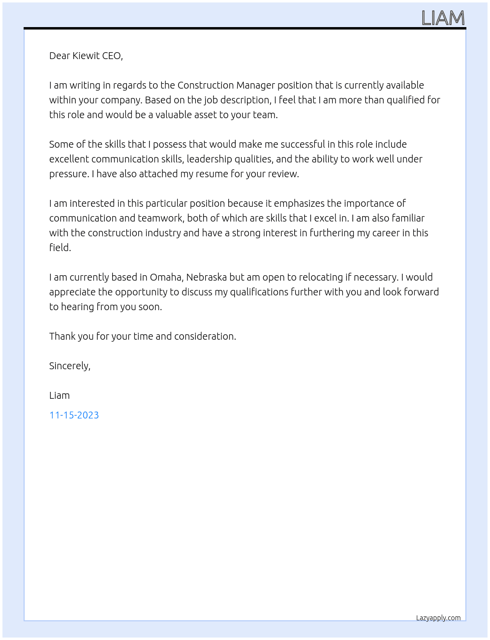 Construction Manager At Kiewit Cover Letter