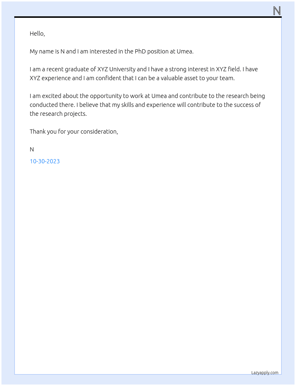 PhD  At Umea Cover Letter