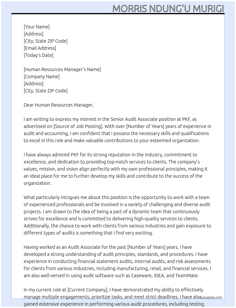 Senior Audit Associate At PKF Cover Letter