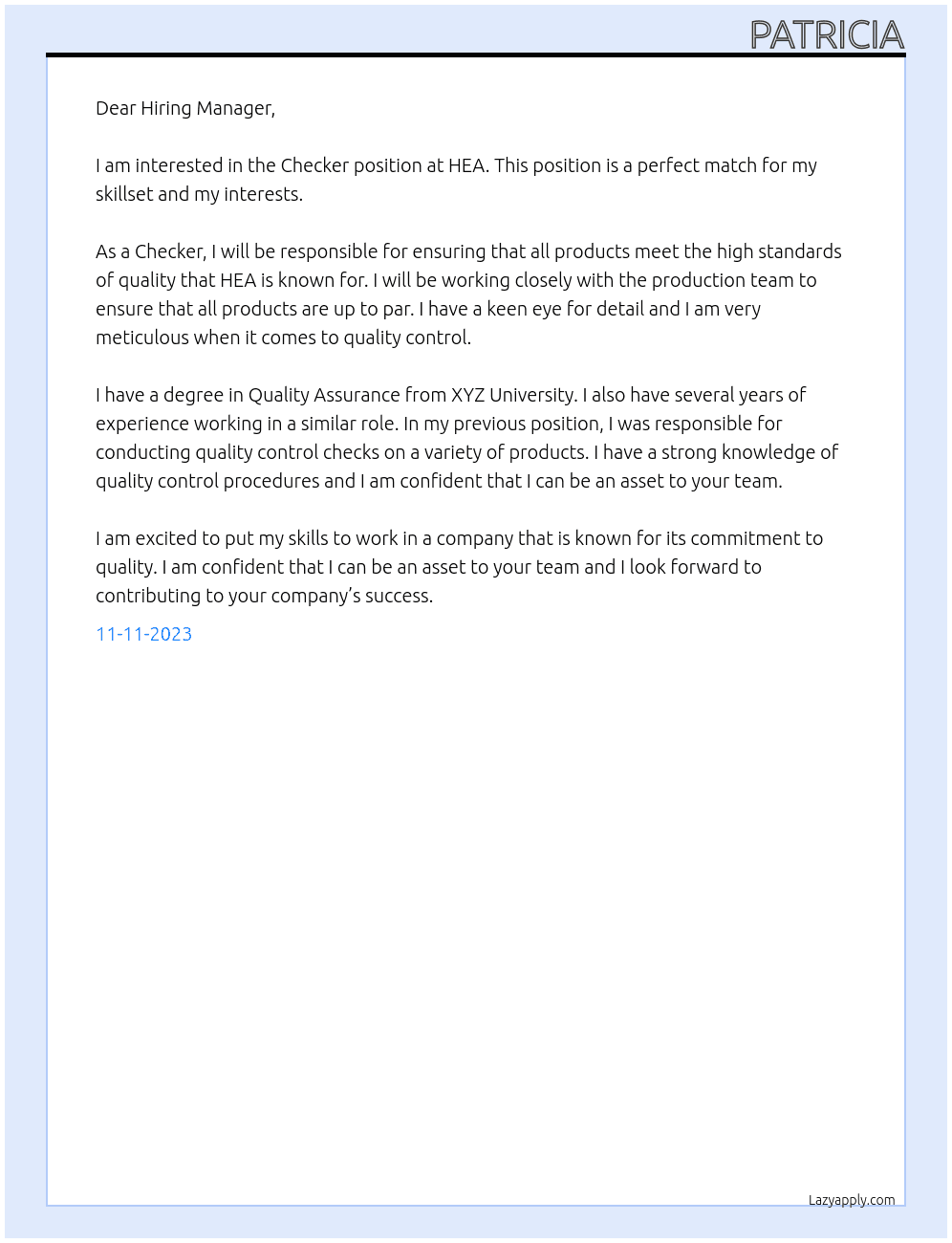Checker At HEA Cover Letter