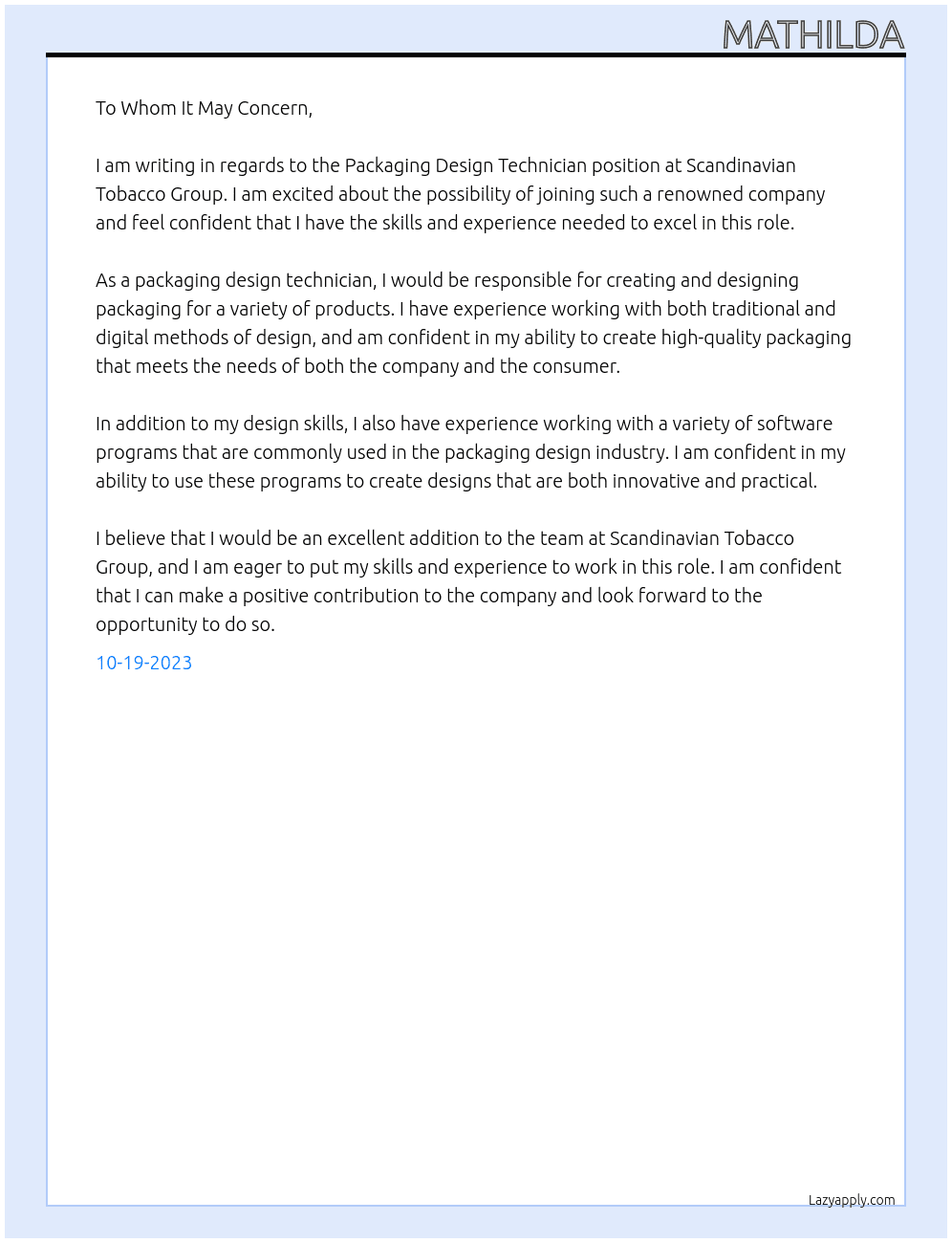 Packaging Design Technician At Scandinavian Tobacco Group Cover Letter