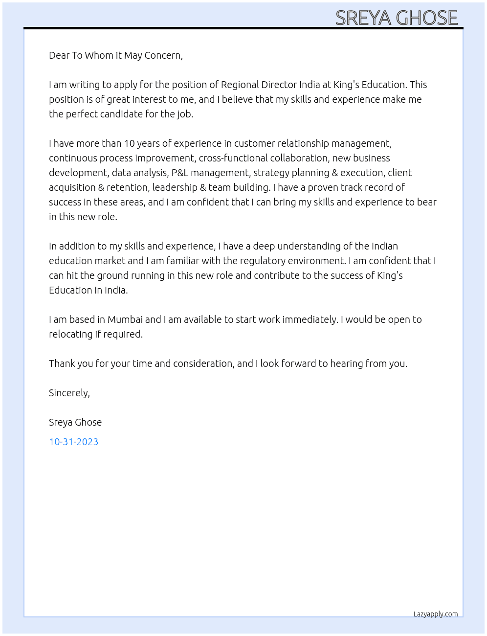 Regional Director India At King's Education Cover Letter
